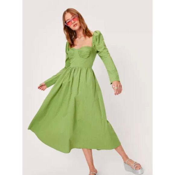 Nasty Gal Green Ruched Bust Open Tie Back Long Sleeve Fitted Midi Dress, size 6 - Picture 1 of 14